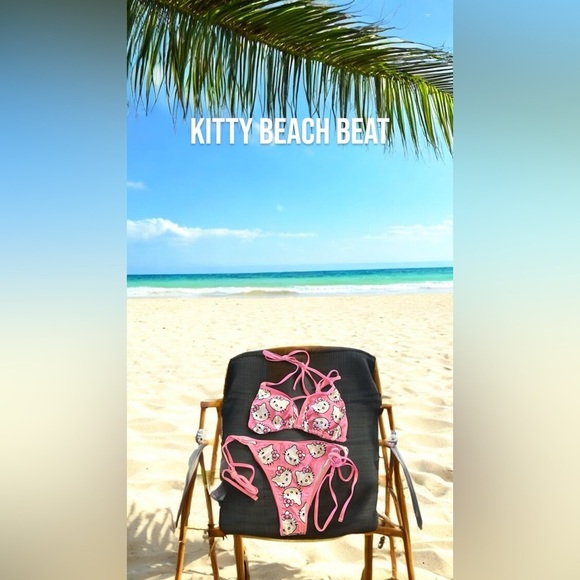 Boutique Hello Kitty 2PC Triangle Bikini Swimsuit Sz. XL JR Pink White Tied Hip - Picture 2 of 7